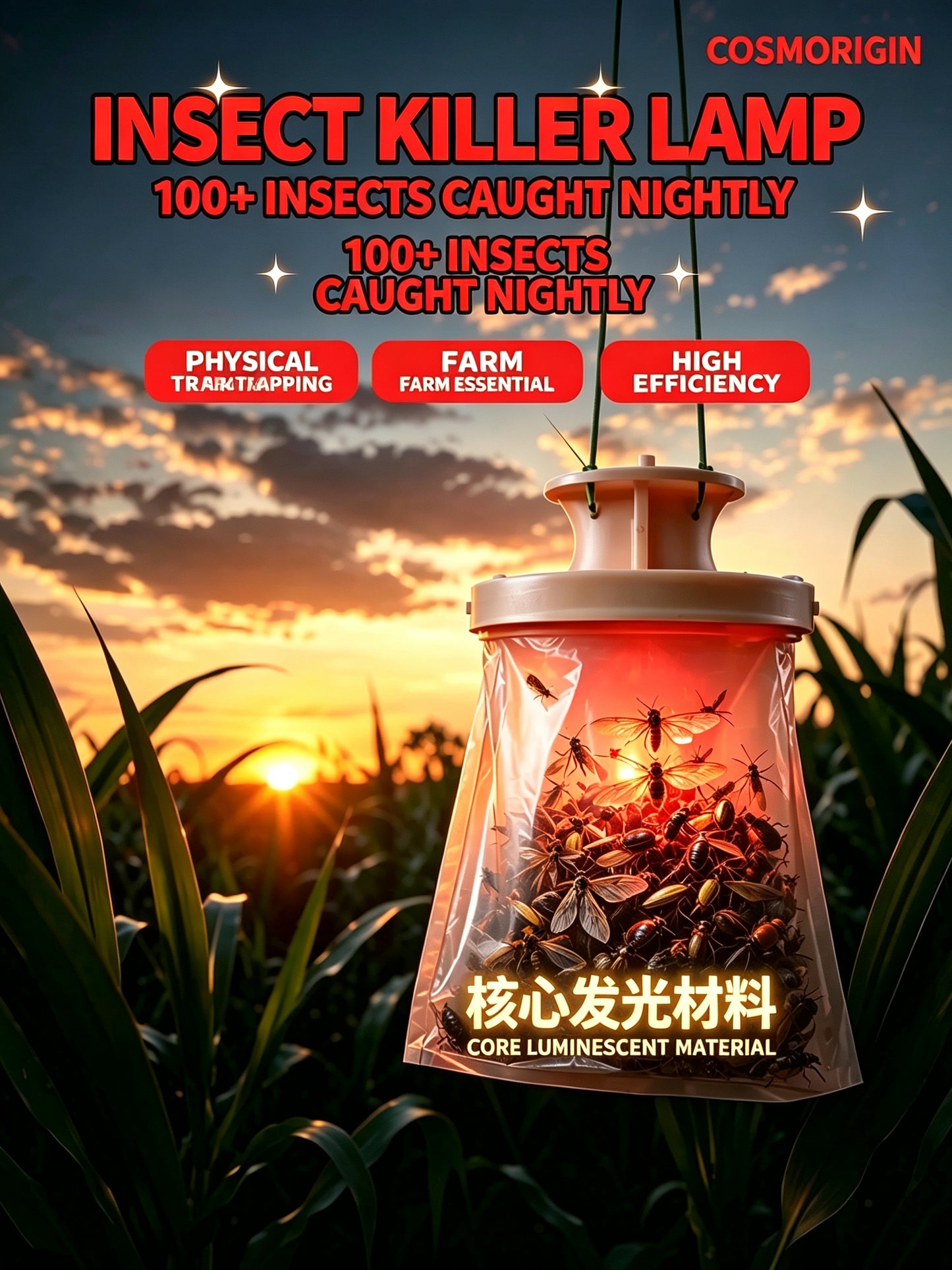 Cosmorigin self-luminous pest trap using glow-in-the-dark material for passive insect attraction